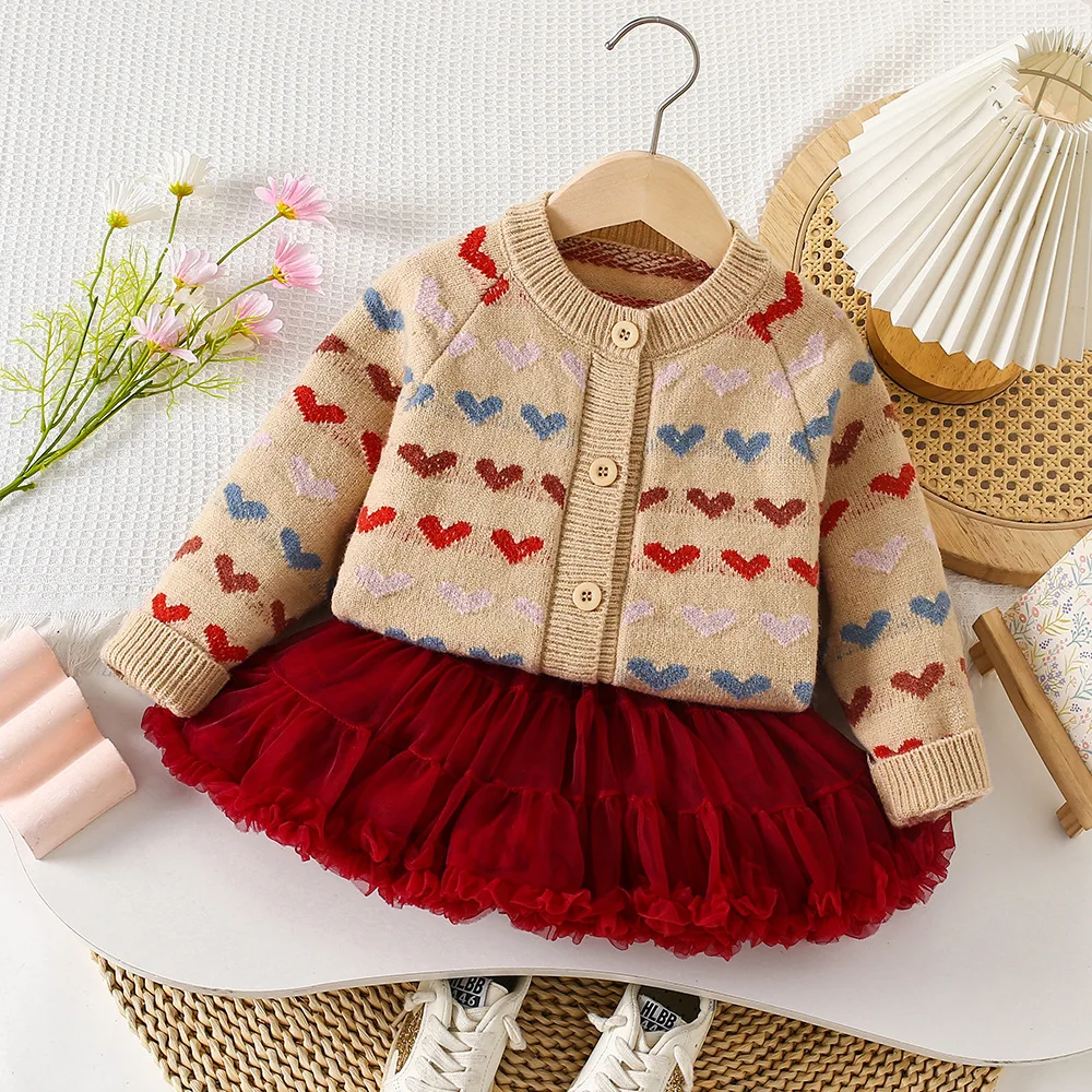 Girls Knit Cardigan Sweater Suit Set with Heart Print