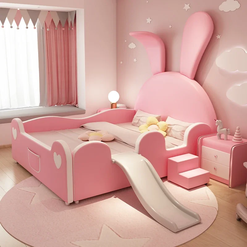 Children's bed girl princess bed 1m 5 solid wood single pink big ear rabbit cartoon leather with slide guardrail