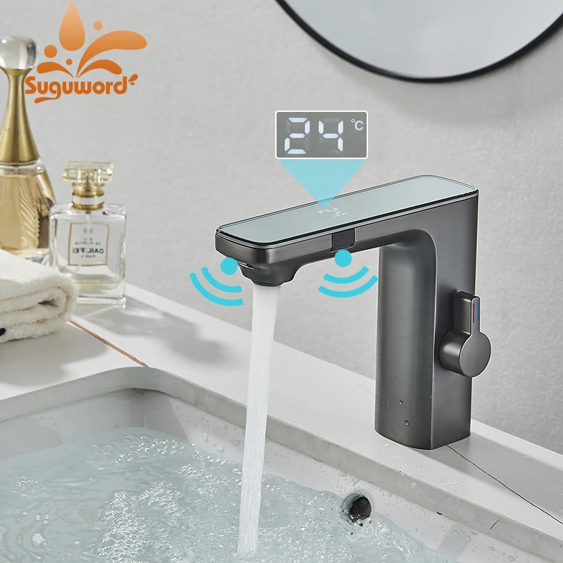 Smart LCD Daul Sensor Bathroom Basin Faucet Zinc Alloy Deck Mount Cold Hot Water Mixer Bathroom Sink Tub Tap