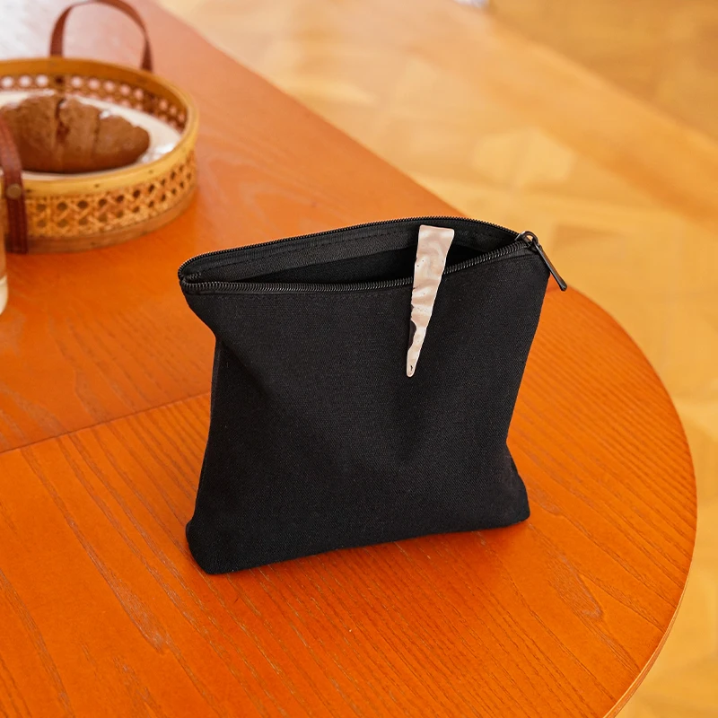 Pure Black Makeup Bag Women's Portable Cosmetic Lipstick Storage Bag Zipper Single Layer Canvas Bag Commuter Toiletry Bag Ins 5