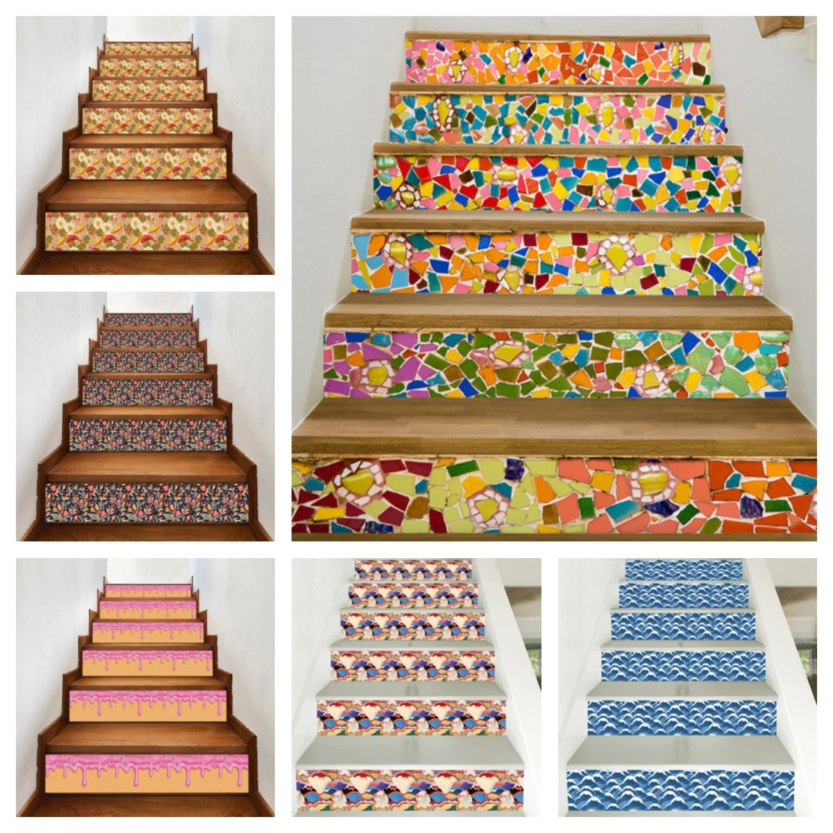 Colorful Ceramic Tiles Removable Stair Sticker Step Creative Self-Adhesive PVC Staircase Wallpaper Decal Vinyl Stairway 6/13pcs