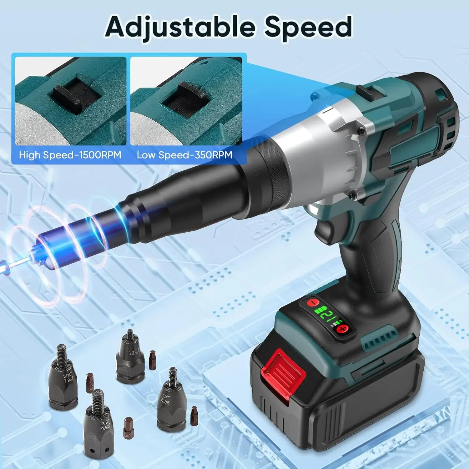 2-IN-1 Cordless Rivet Nut Gun Set (10-24 & 1/4 & 5/16 & 3/8), Portable Battery Powered Pop Rivet Insert Installation Tool Automa 4