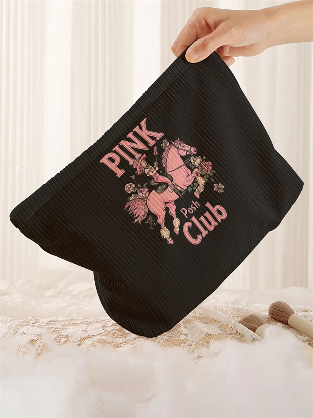 1 pink horse patterned corduroy makeup bag, lightweight zipper makeup storage box, multifunctional bag with lining