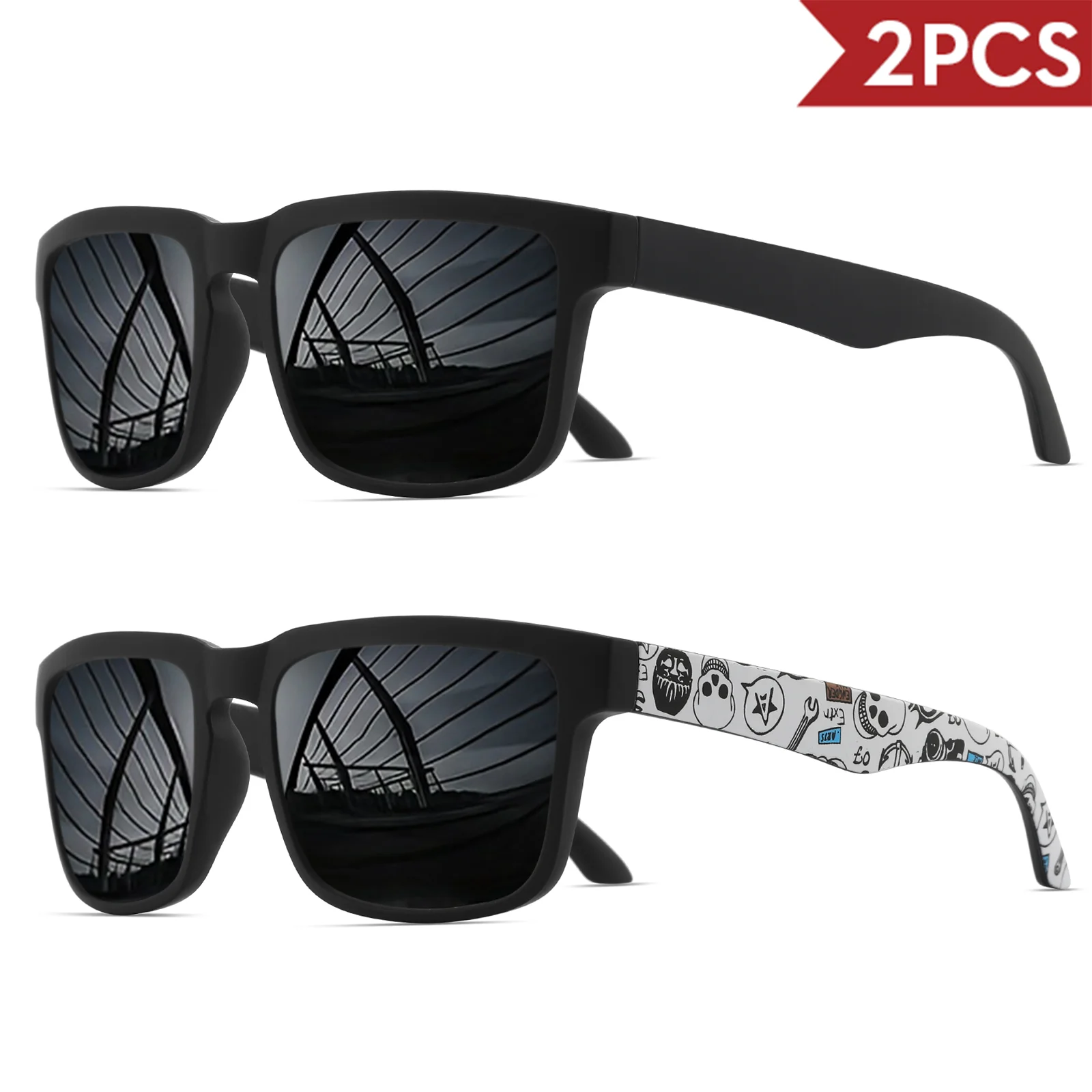 2 quadratische Sport-Sonnenbrille mit Designer-Tempelmuster – UV400 für Männer und Frauen, Strandurlaub – Detail 17