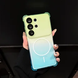 Magsafe Gradient Transparent Soft Phone Case - Shockproof Armor Ultra - Thin Protection Back Cover - Galaxy S26 Ultra (Green Blue)