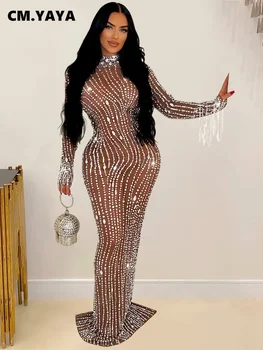 CM.YAYA 2024 Women Long Sleeve Mesh See Through Diamonds Hot Rhinestones Bodycon Dress Woman Maxi Long Evening Birthday Dresses 1