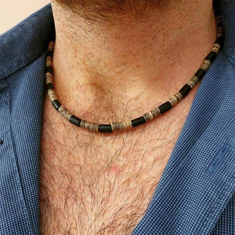 Vintage Wood Necklace Choker Men 46cm/18 Inches Short Necklace Hombre Camping Cool Biker Jewelry Male Accessories Gift For Him