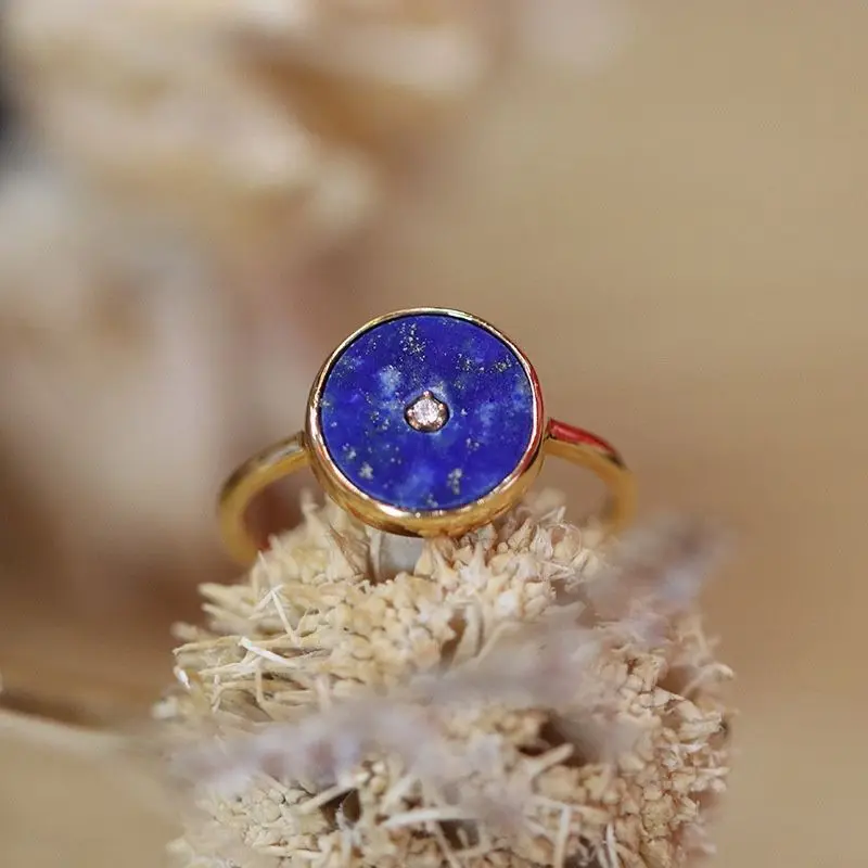 

Классический дизайн, простые очаровательные ретро круглые кольца с лазуритом для женщин, регулируемые вечерние повседневные серебряные ювелирные изделия в подарок