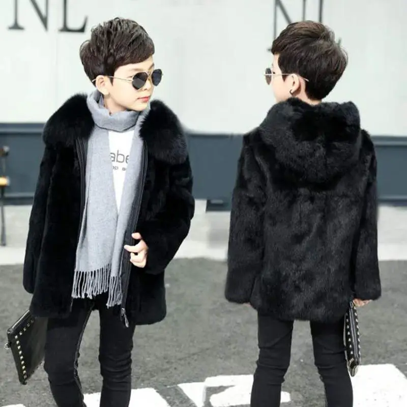 

Boy's Real Rex Rabbit Fur Children's Coat With Hat Real Rabbit Fur Medium and Long Warm Kids Coat Cotton Overcoat Warm Jacket