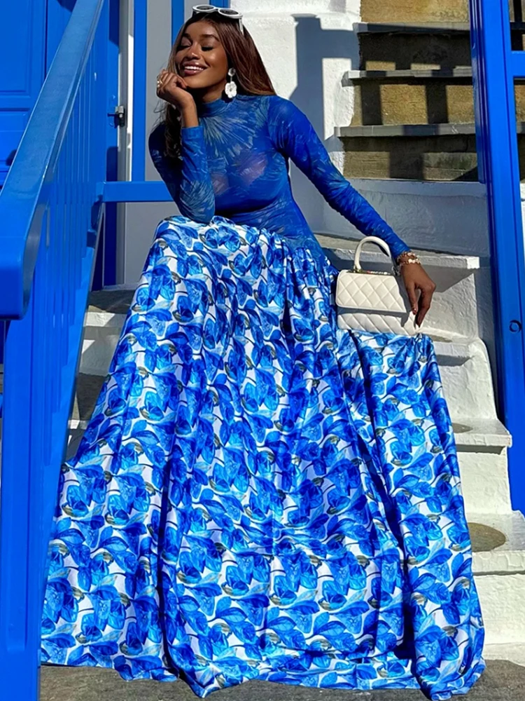 Nibber Colorful Print Maxi Dress Turtleneck Patchwork See Through Full Sleeve Big Hem Elasticity Vacation Art Style Vestidos