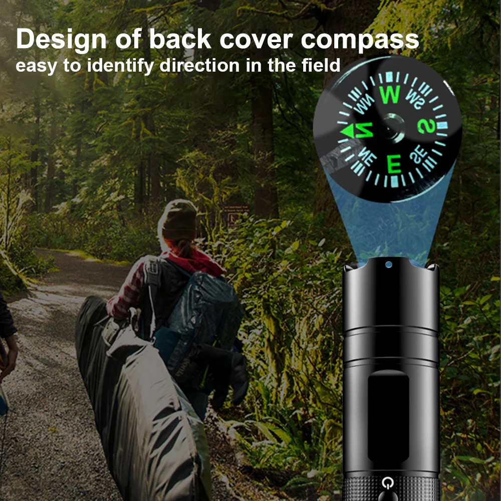 A hiker walks along a forest trail with gear, while the Outdoor Flashlight SpyCam—with its built-in compass and 1080p resolution—is shown in close-up, emphasizing its waterproof and directional features.