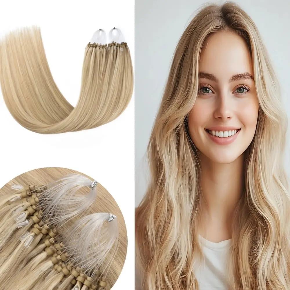 Straight 100% Human Hair Micro Loop Ring Extensions Weft Pre-looped ...