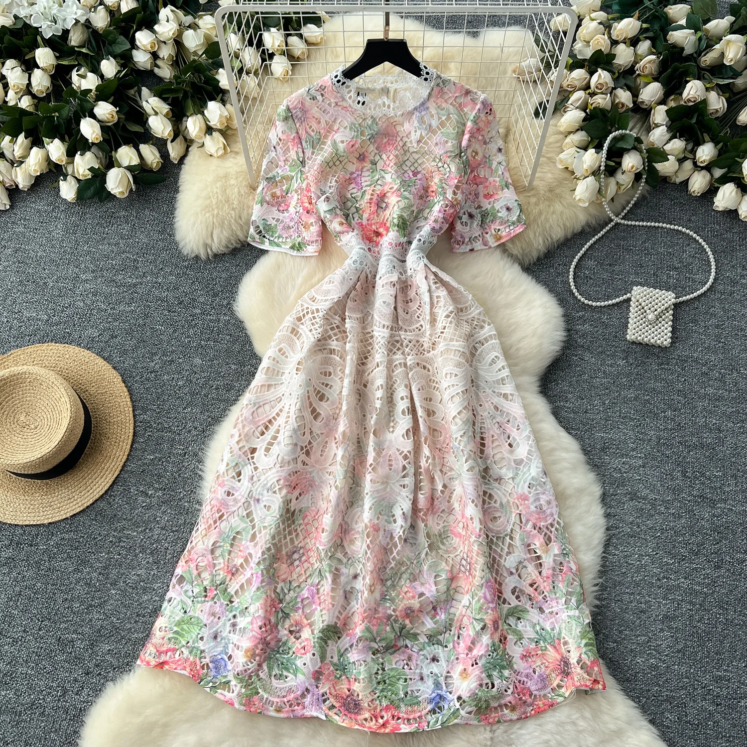 

Женское кружевное платье с коротким рукавом, во французском стиле