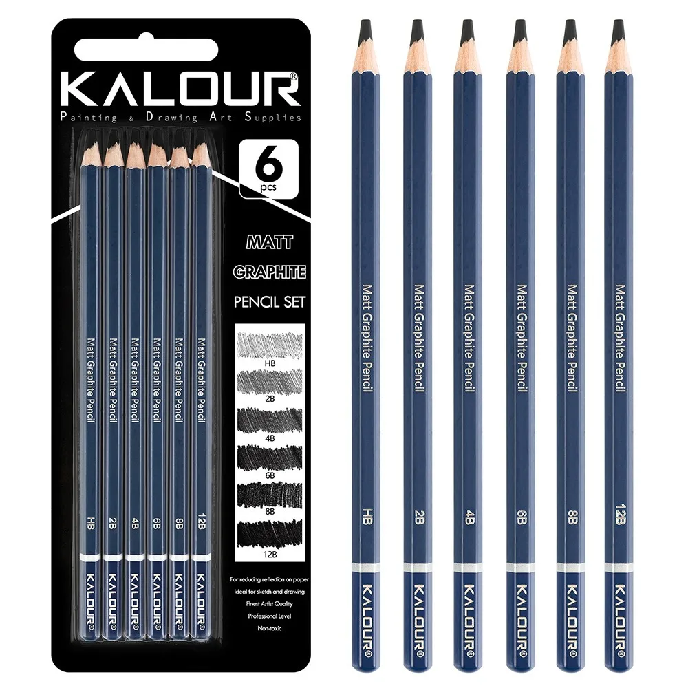 Kalour Sketch Pencils Set 6/12pcs Matt Graphite/Charcoal Wood Art Pencil Kit, Artist Beginner Professional Shading Drawing Tools