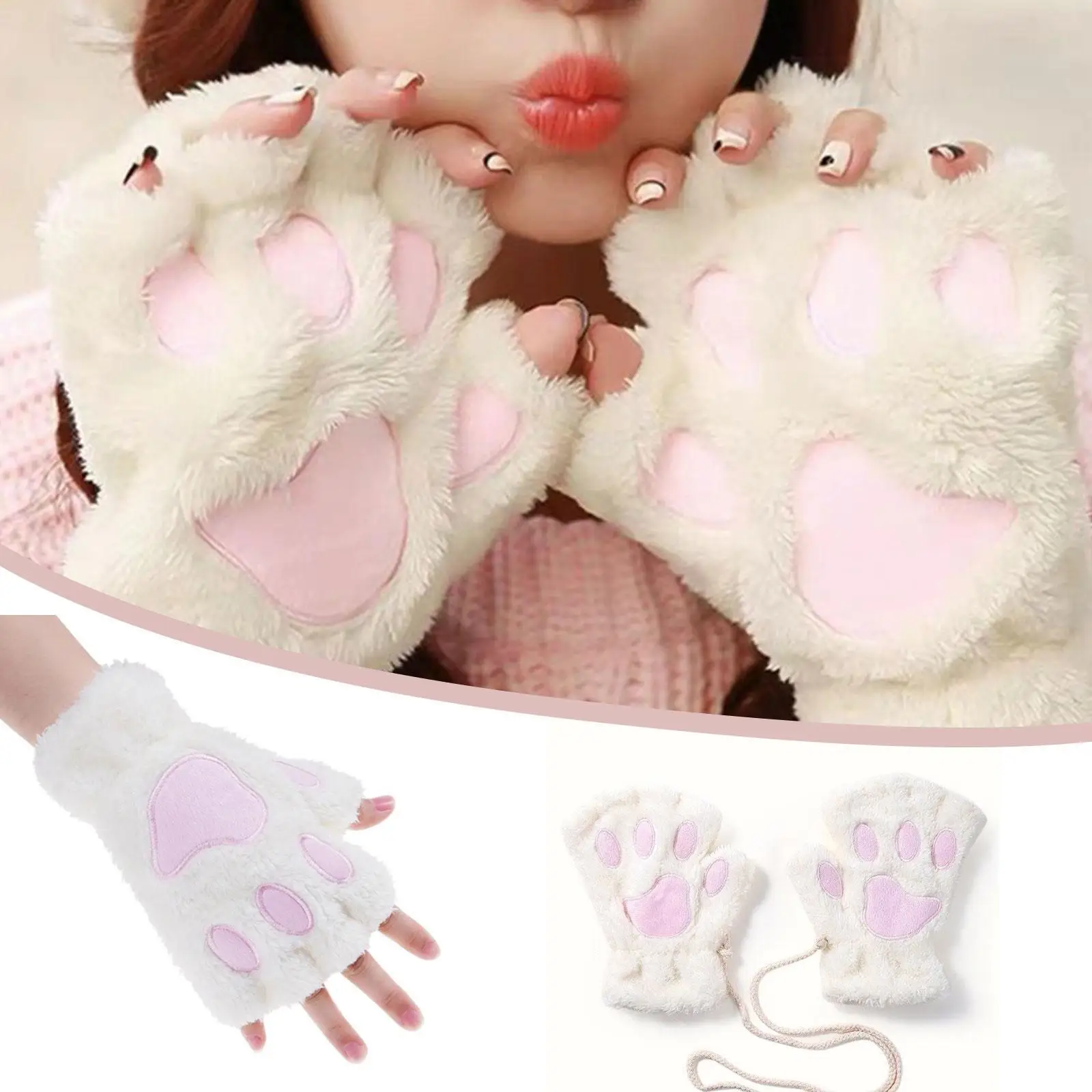 

Cute Cat Paws Gloves Kawaii Half Finger Thicken Thermal Gloves Winter Warm Soft Plush Cotton Gloves For Girls