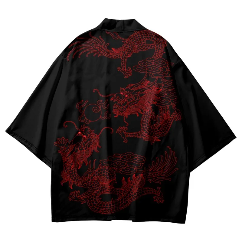 Summer Couple Women Men Japanese Streetwear Red Chinese Dragon Printed Black Kimono Beach Shorts Traditional Cardigan Yukata