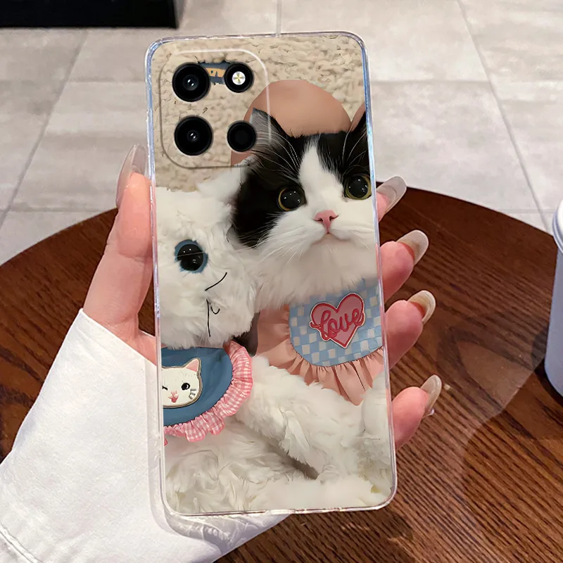 Clear Silicone Soft TPU Back Cover with Cute Cat and Rabbit Design - Protective Jelly Casing