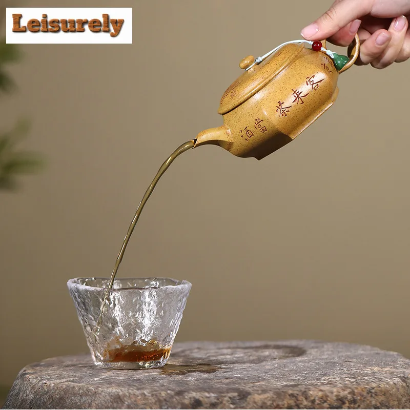 220ml Vintage Yixing Purple Clay Teapot Artists Handmade Hexagonal Open Oven Pot Raw Ore The Keel Gold Sand Kettle Zisha Tea Set