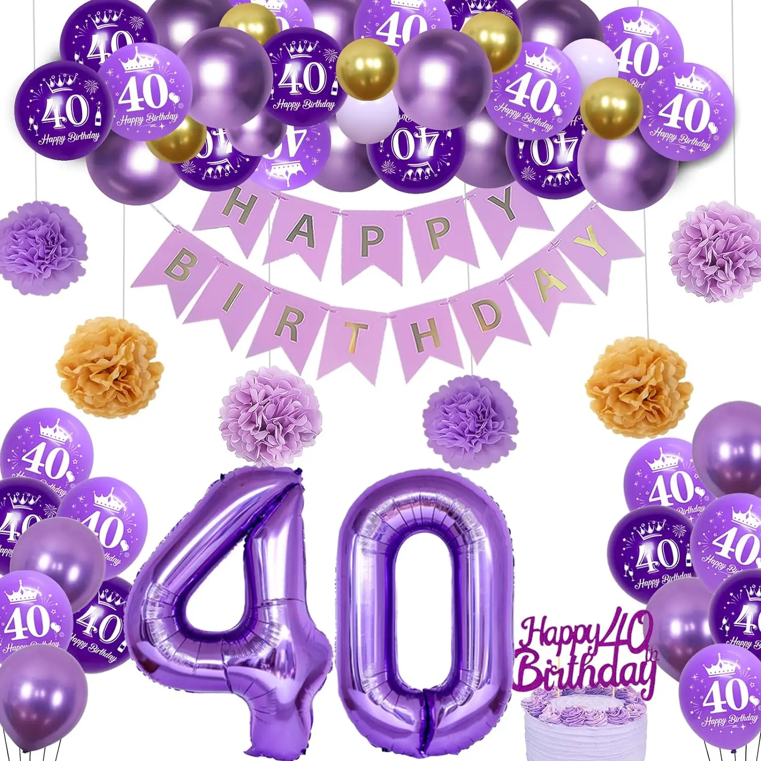 

13th 18th 40th Birthday Decor for Women Balloon Arch Kit Paper Pom Poms Happy Birthday Banner Glitter Cake Topper Party Supplies