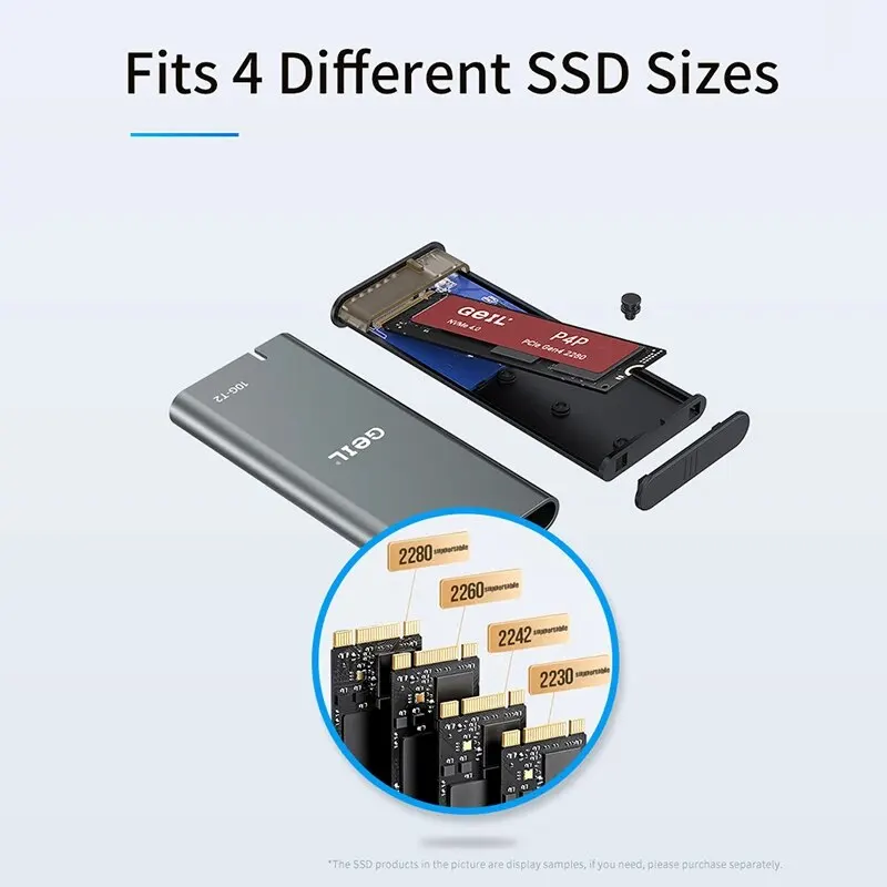 GeIL M.2 NVMe 모바일 SSD 인클로저, 나사 없는 USB 3.2 Gen 2 인터페이스, C타입 세트, 2230, 2242, 2260/2280 스토리지 박스용, 10Gbps