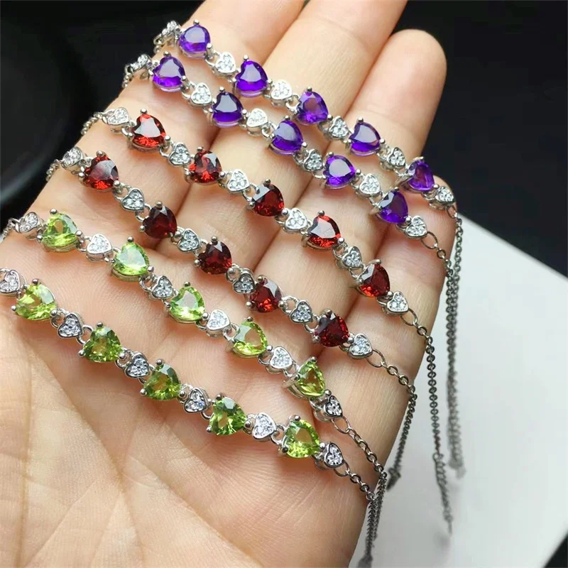 

S925 Natural Crystal Quartz Heart Facet Crystal Women Fashion Jewelry Colorful Gemstone Bracelet Gift 1PCS