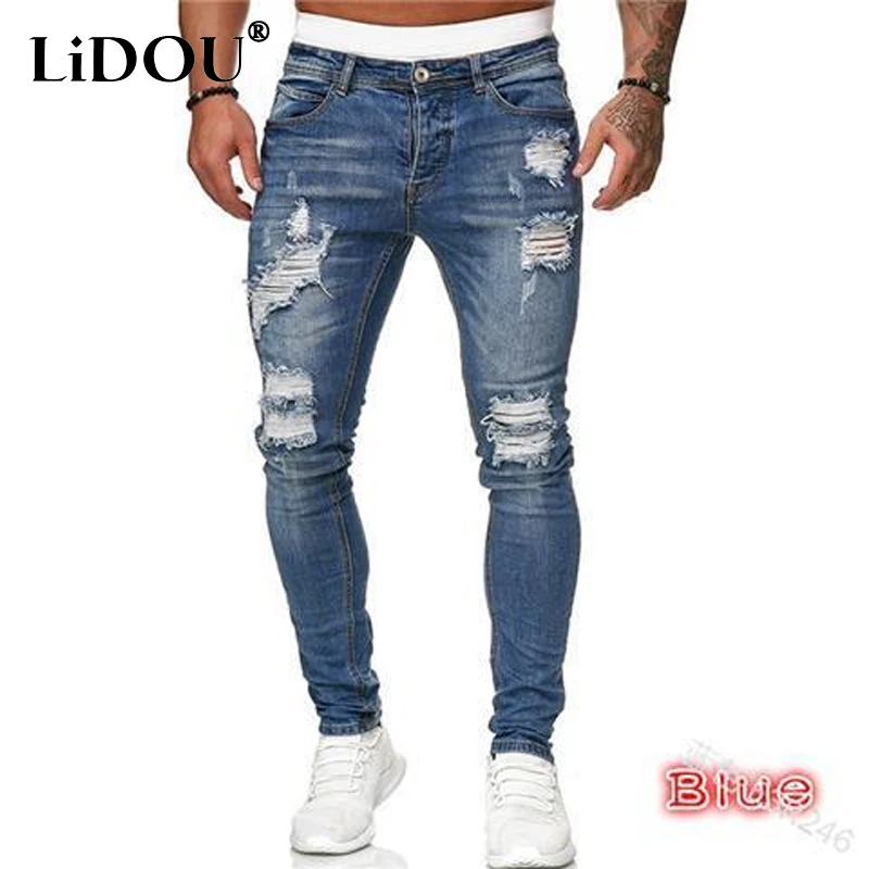 

2023 Spring Autumn New Fashion Hole Zipper Pockets Low-waisted Jeans Man American Style Casual Slim Y2K Street Pencil Pants