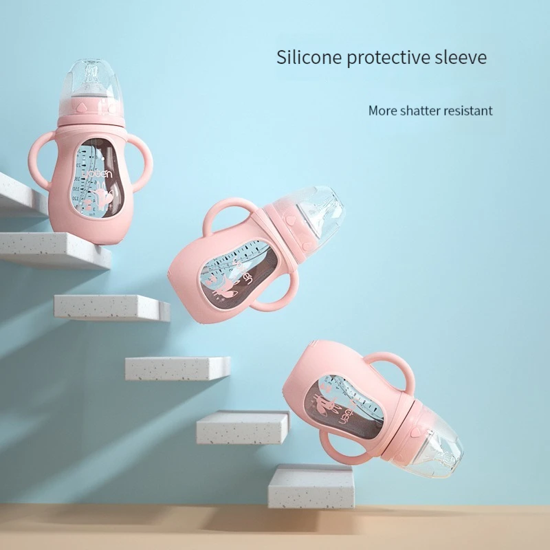 Glass Baby Bottle with Straw Wide Mouth Silicone Handle Shatter Resistant Autoclavable BPA Free glass milk bottle milk bottle water bottle feeding bottle