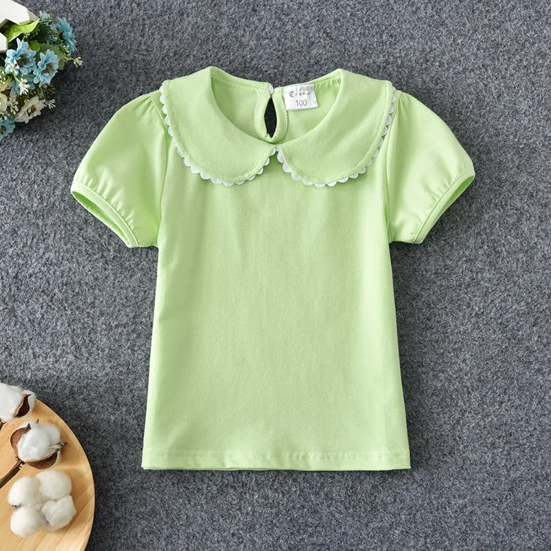 Girls T-shirts Summer Short Sleeve Cotton T shirt Peter Pan Collar Baby Toddler Girl Blouse Shirt Kids Tops Children's Clothes 5