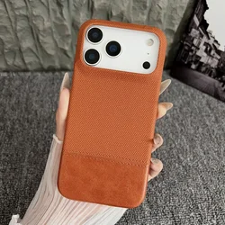 Premium Splice Leather Nylon Fabric Shockproof Phone Case - Frameless Cooling Matte Design - iPhone 15 Plus (Orange)