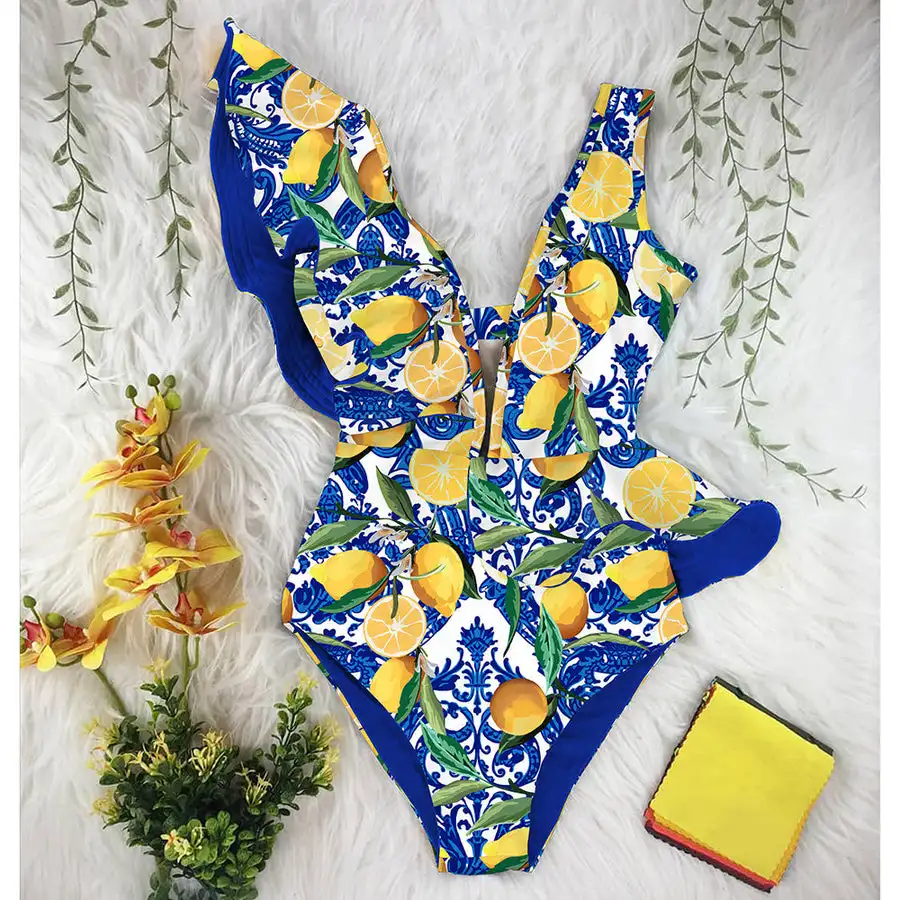 

Fashion Ruffle Tropical Print One Piece Swimsuit Women V Neck Push Up Bikini Elegant Swimwear Luxury Bathing Suit Beachwear 2024