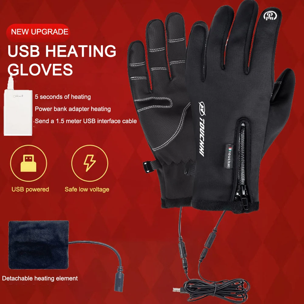 USB Touch Screen Gloves Winter Ski Gloves Windproof Heated Gloves Anti-Slip Glove for Cycling Running Driving Hiking Walking