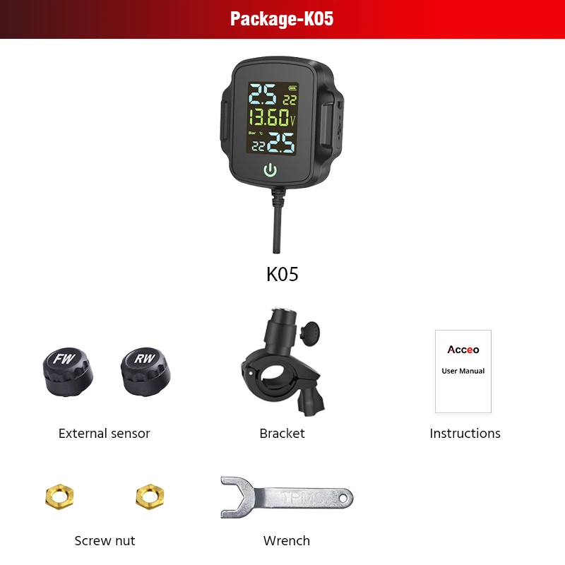 E-ACE Digital Display Motorcycle Tire Pressure Monitor System TPMS Tire Pressure Monitor USB Output With QC 3.0 Fast Charging