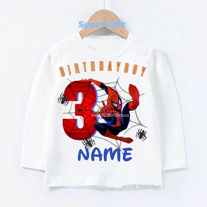 

MARVEL Spiderman Birthday 2024 Spring Bottoming Shirt 2 3 4 5 6 7 8 Year Spiderman Customized Name Birthday Long Sleeve T-shirt