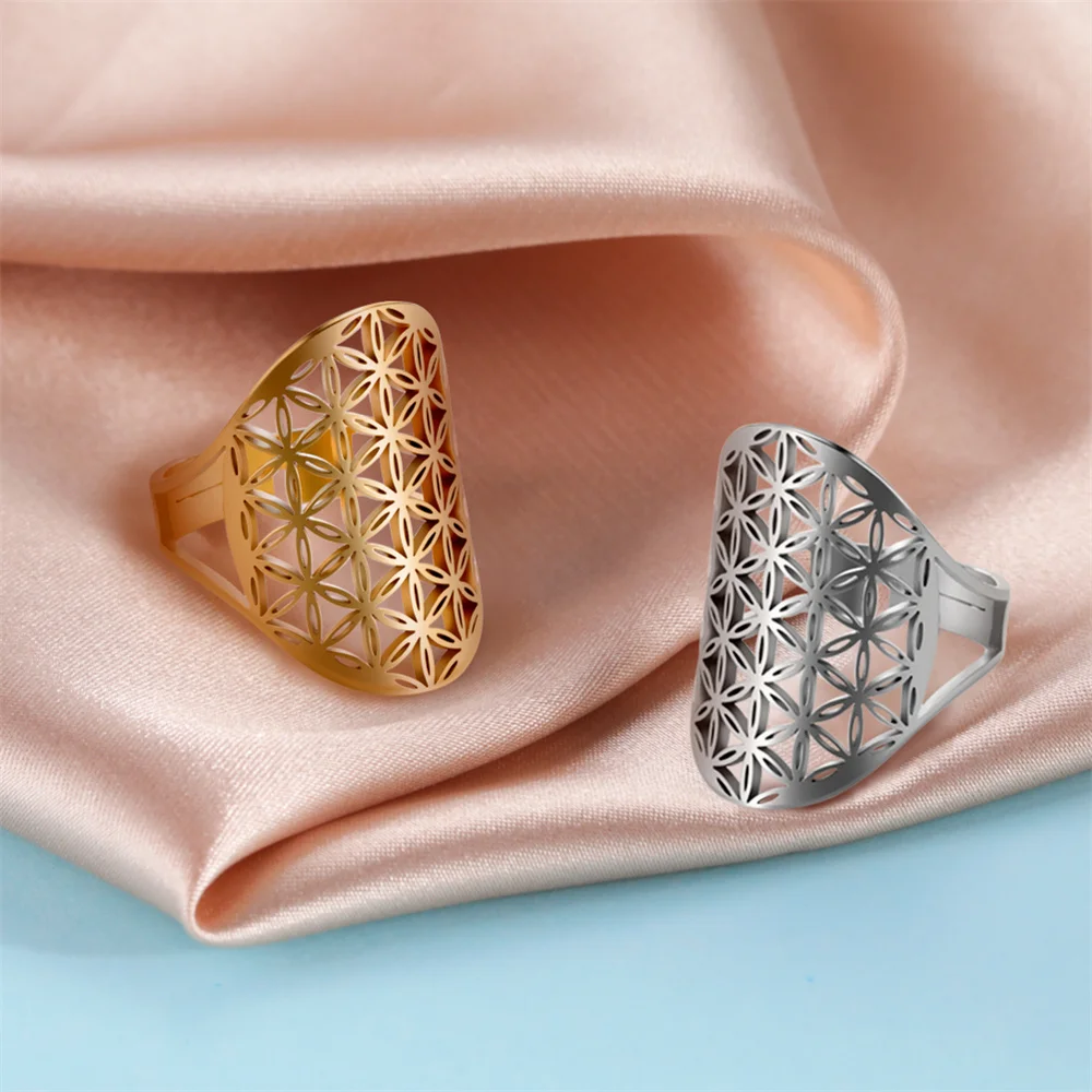 2025 Fashion Style Stainless steel flower of life amulet with hollow Archangel adjustable ring sacred geometry Wicca jewelry for  and_voghion.com
