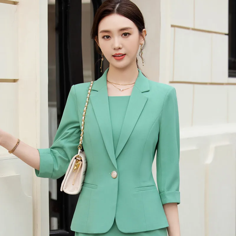

NAVIU Apricot Blazer For Women Spring Summer Professional Slim Half Sleeve Jacket Office Ladies Work Coat Tops White Green