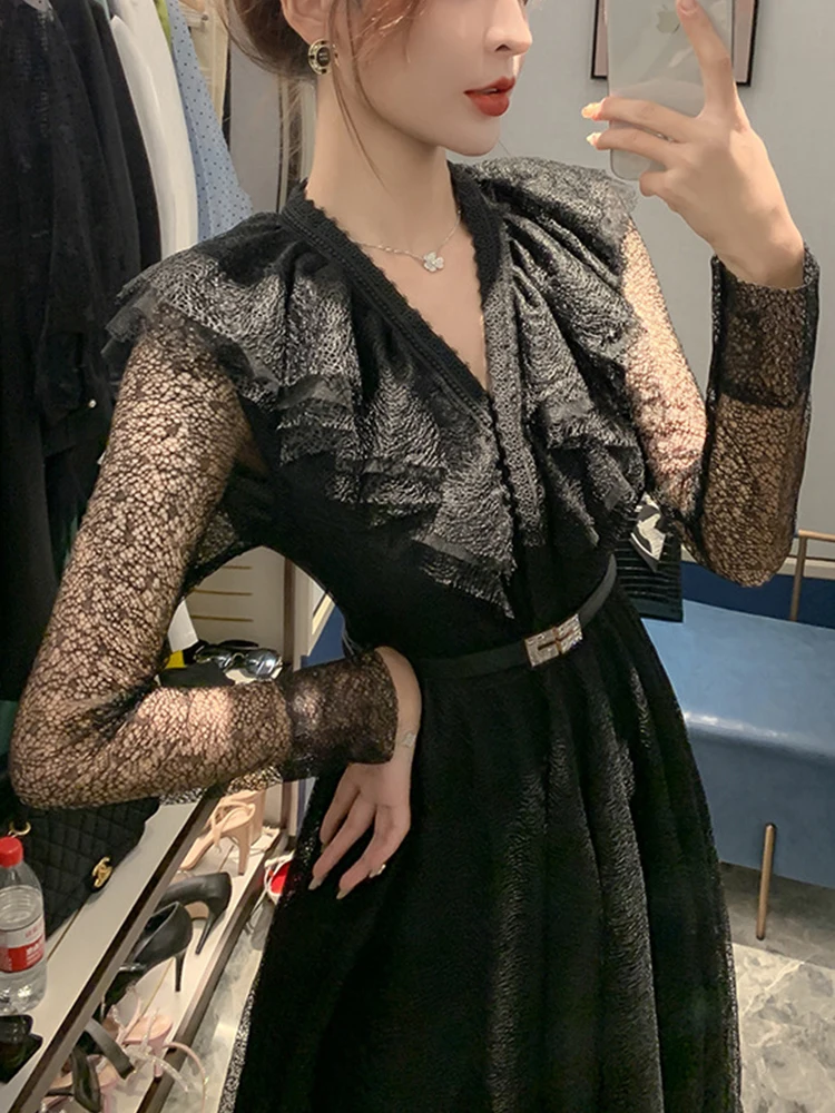 Women's French Midi Dress Elegant Sexy Black Sheer Mesh Lace Long Sleeve  Belt Swing Robe Female Party Street Holiday Vestidos