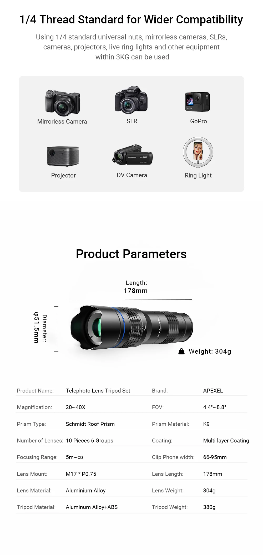 HD Metal 20-40x Zoom Telescope Telephoto Lens Phone Camera Lens With Extendable