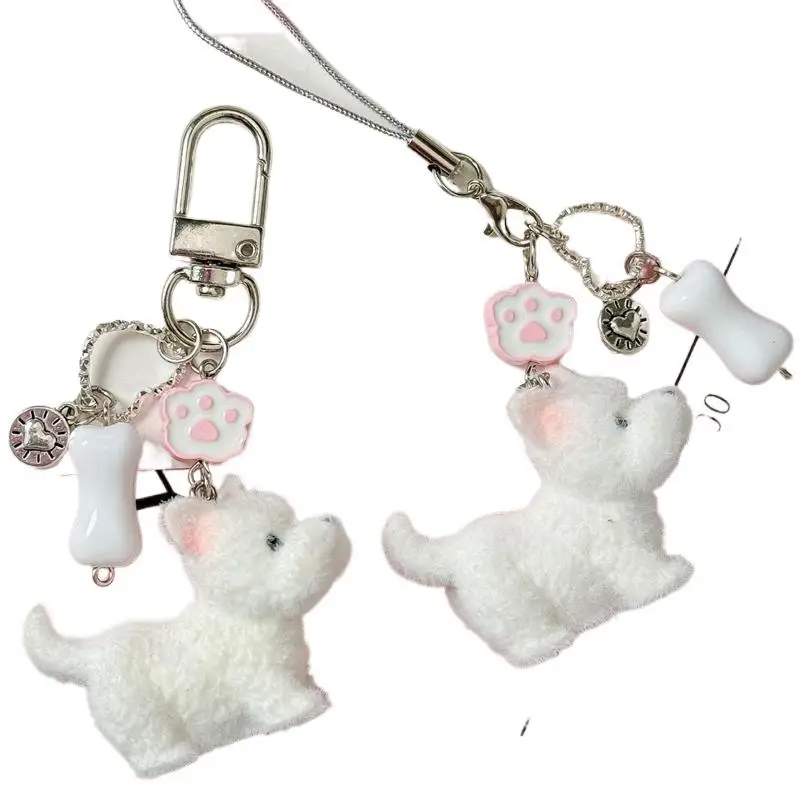 Nette Cartoon Schöne Tier Beflockung West Highland Welpen Schlüsselbund Anhänger Rucksack Ornamente Tasche Lanyard Telefon Kette Paar Geschenke – Detail 6