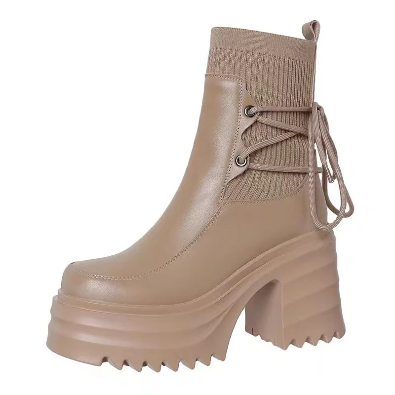 2023 New Lace Up Super Thick High Heels Dress Shoes Women Boots Genuine Leather Platform Ankle Boots Women's boots 35-39