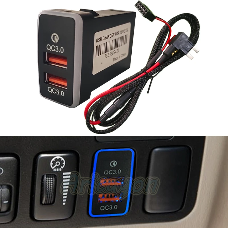 Blue Light Car Charger QC3.0 USB Dual Interface Socket Fuse Box Adapter