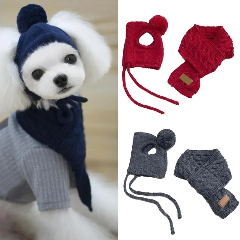 

Hat for Dogs Winter Warm Stripes Knitted Hat+Scarf Collar Puppy Teddy Costume Christmas Clothes Santa Dog Costumes