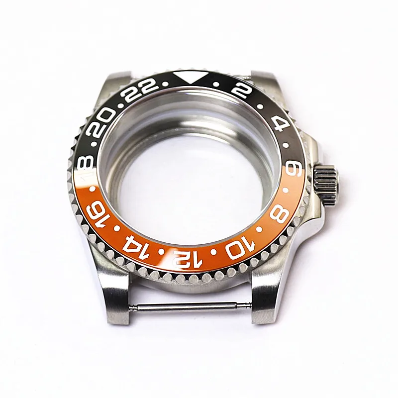 

40mm Sub Gmt Style Black Orange Ceramic Bezel Insert Sapphire Glass Steel Watch Case For Skx007 Nh35 Nh36 Movement Watch Parts