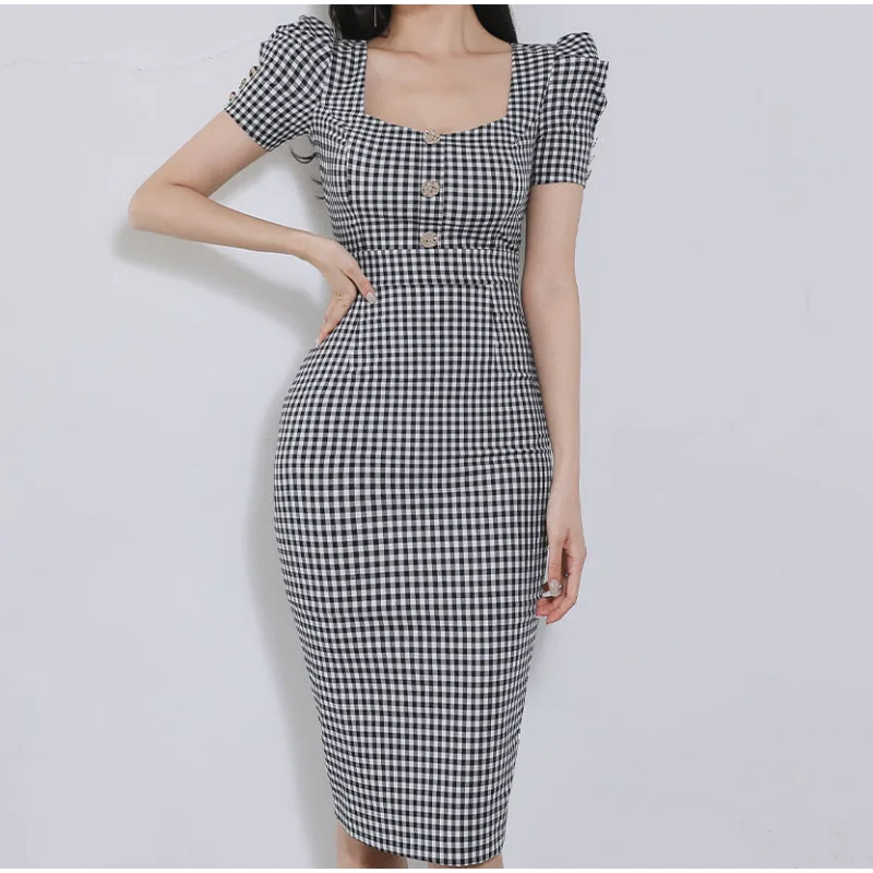 

Korea Chic Square Collar Plaid Dress Women Elastic Puff Short Sleeve High Waist Slim Bag Hip Sexy Office Lady Dress Summer