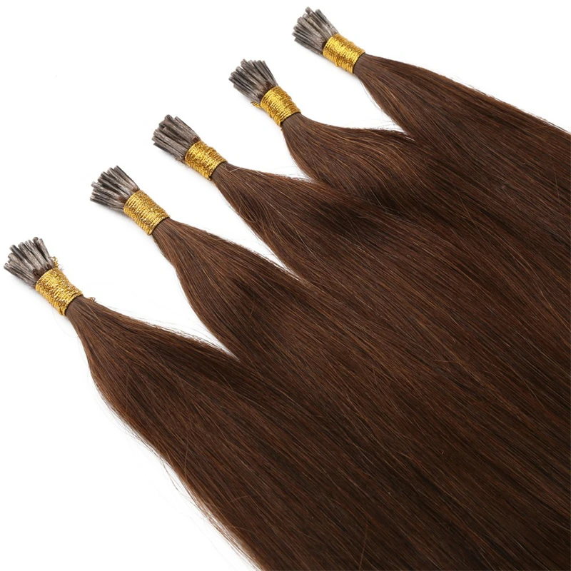 HOT 50/100strands I Tip Microlink Hair Extensions Straight Human Hair Fusion Keratin Micro Ring Stick Pre-Bond brown