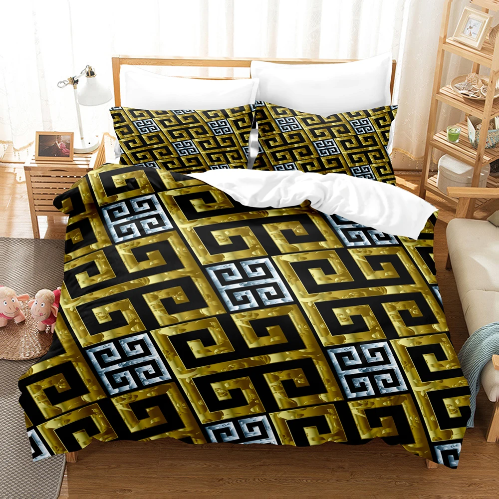3D Luxury Black Gold Bedding Sets New Greek Key Meander Duvet Cover Sets Bed Linens Queen King Size Modern Geometric Bedspread