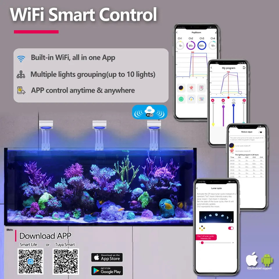 PopBloom WiFi 水族館 LED ライト、海洋水族館ライト、海水礁サンゴ