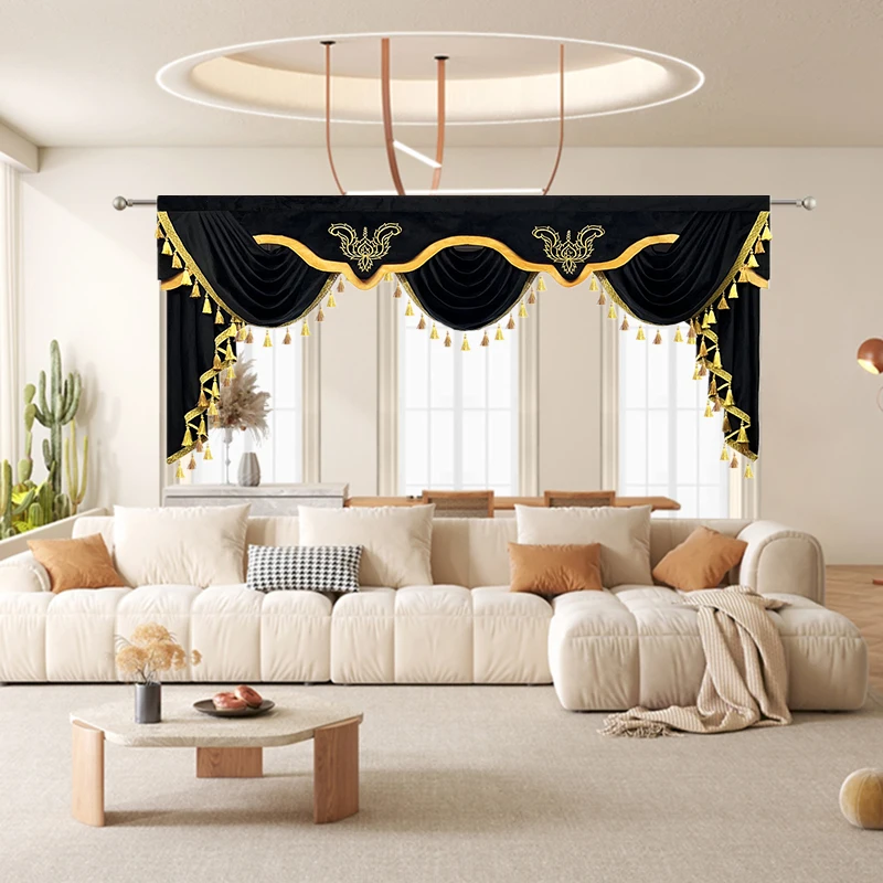 

Black Velvet Wavy Valance with Gold Fringed Scallop Curtain Head for Luxury Living Room European Home Window Decoration Drapery