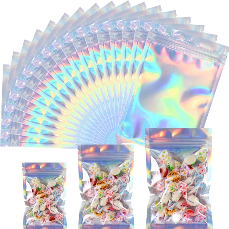 4 Sizes 50pcs Iridescent Self Sealing Bags Laser Plastic Pouches Resealable Zip Lock Gift Packaging Jewelry Display Retail Bag 20 50pcs holographic laser resealable ziplock bags packaging 10 5x15cm thicken mylar bags for jewelry storage retail display