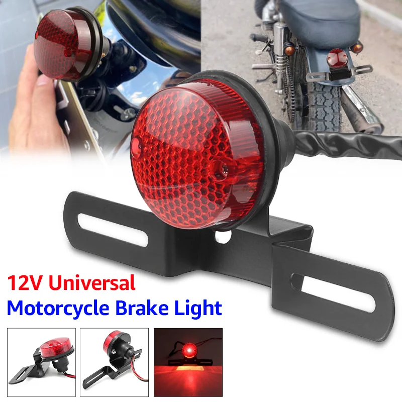 ไฟท้ายรถจักรยานยนต์ทรงกลมสีแดง LED ไฟเบรกพร้อมขายึดป้ายทะเบียน ไฟท้ายสไตล์เรโทร สำหรับรถบ็อบเบอร์ ชอปเปอร์ คาเฟ่ เรเซอร์ และรถเอทีวี 1