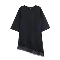 2025 Winter New Product Women's Slim Straight Round Neck Short Sleeve Asymmetric Hemp Splicing Lace T-shirt - Image 3